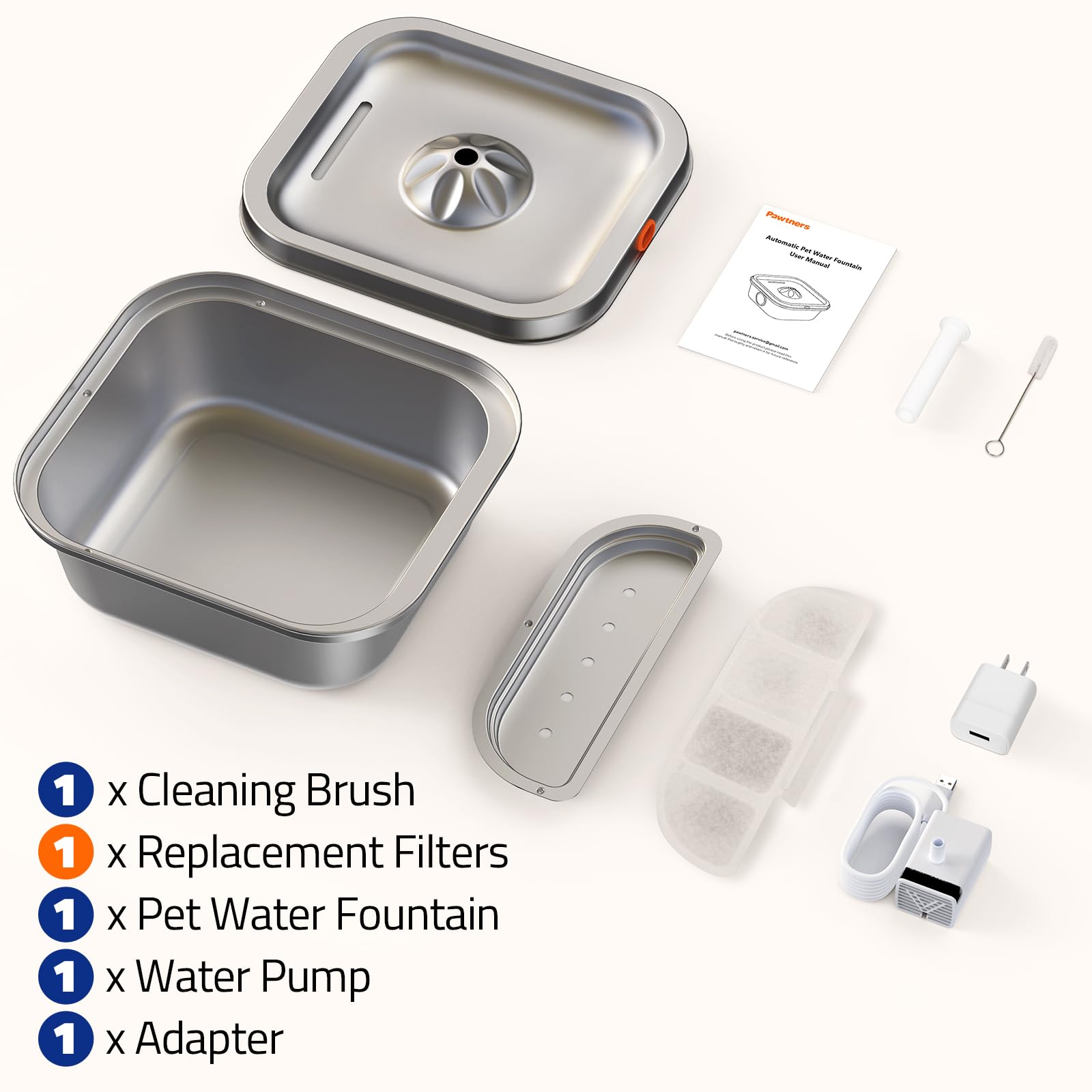 Pawtners cat water fountain ultra-quiet pump delivers peaceful sipping.