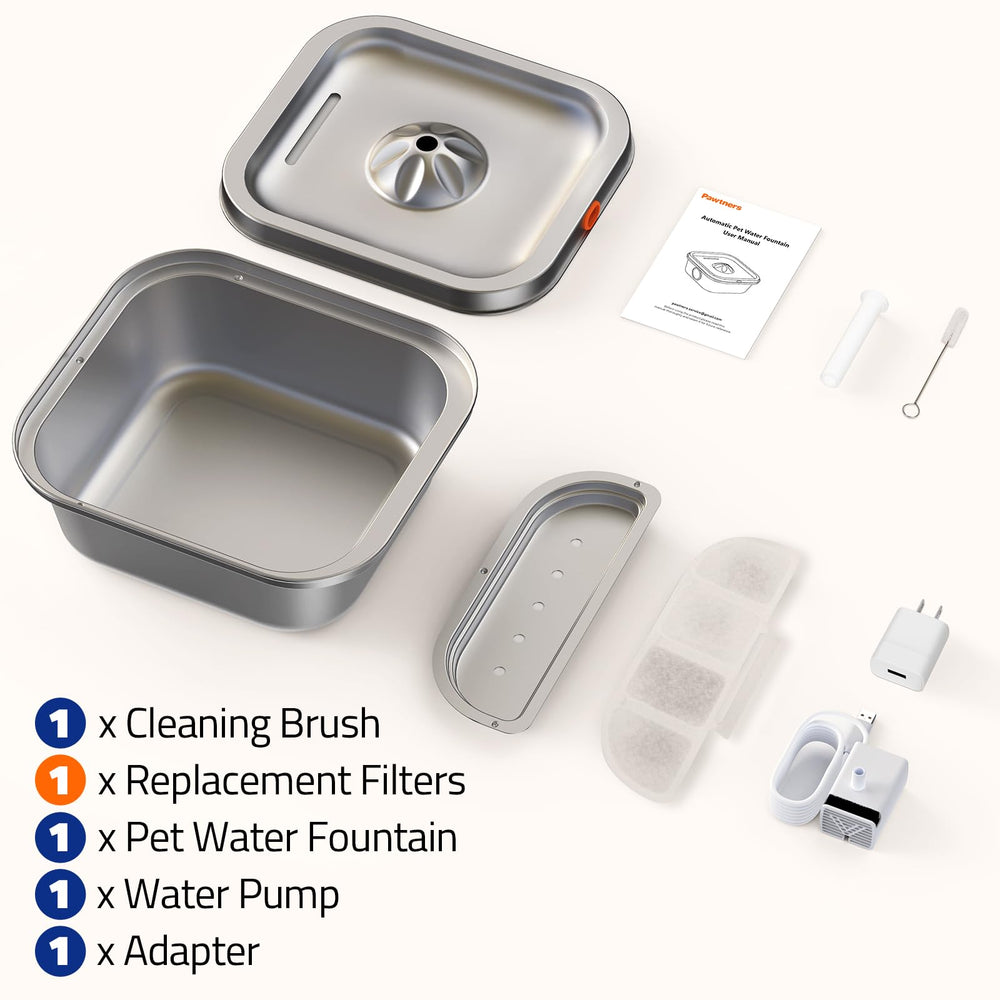 Pawtners cat water fountain ultra-quiet pump delivers peaceful sipping.