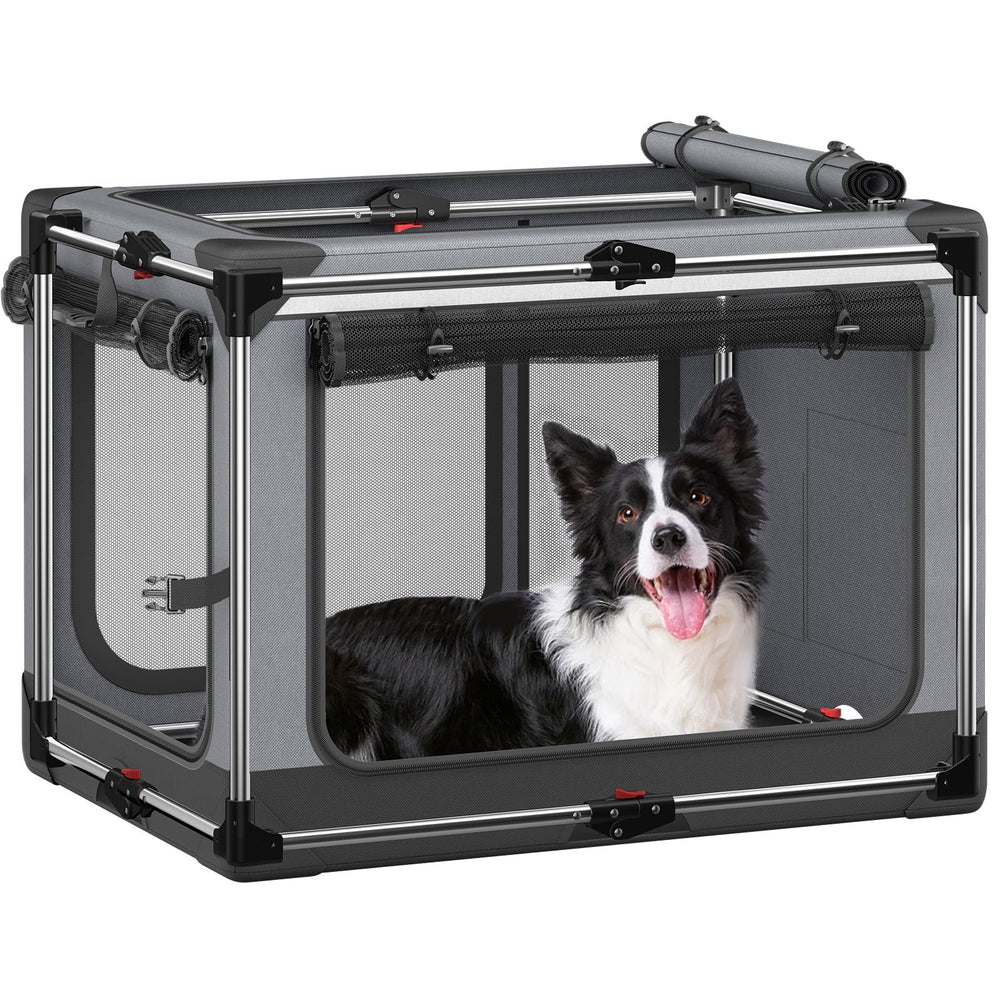 Pawtners collapsible dog crate folded flat, ideal for quick travel storage and portability.