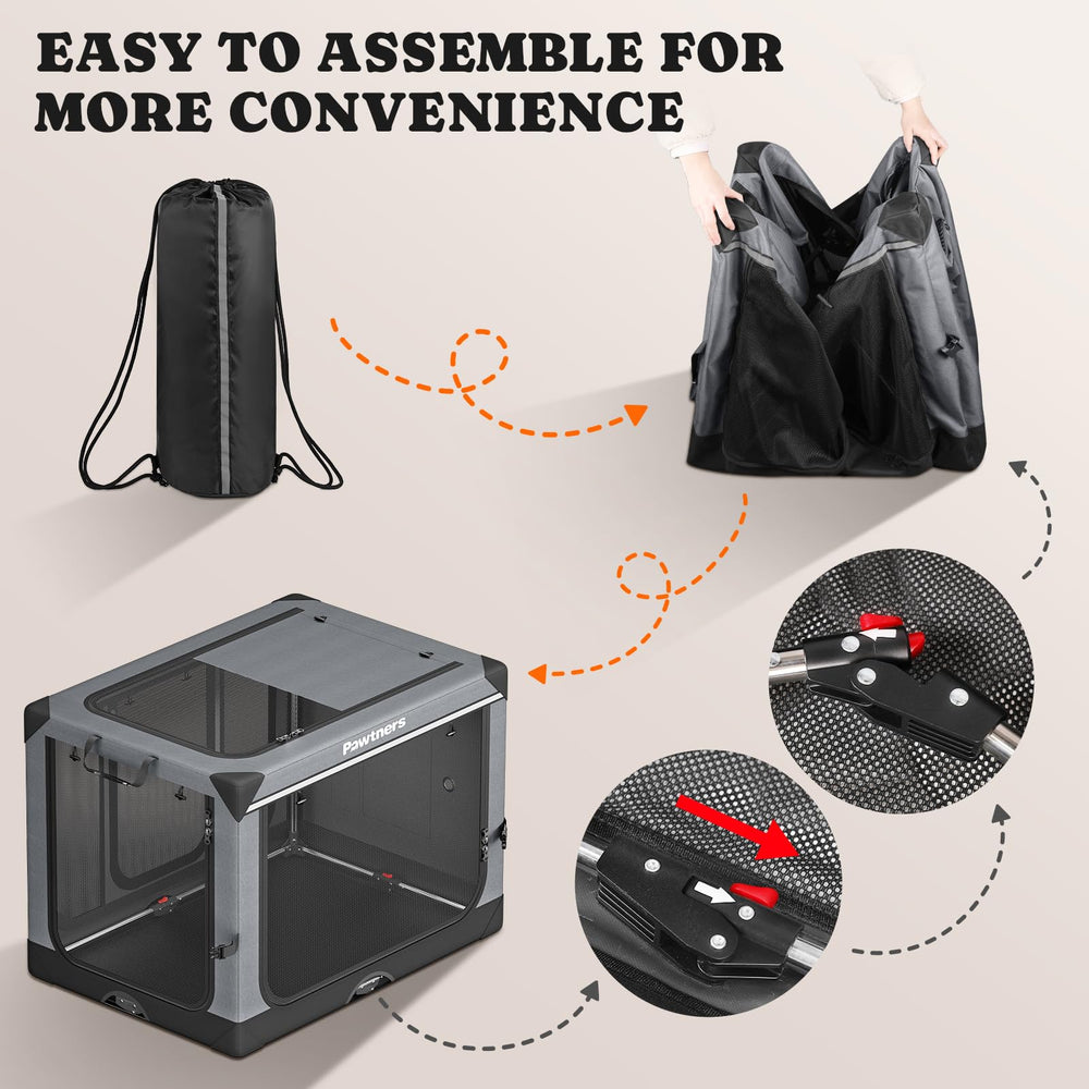 Pawtners collapsible dog crate outdoors in use, perfect for on-the-go weekend adventures.