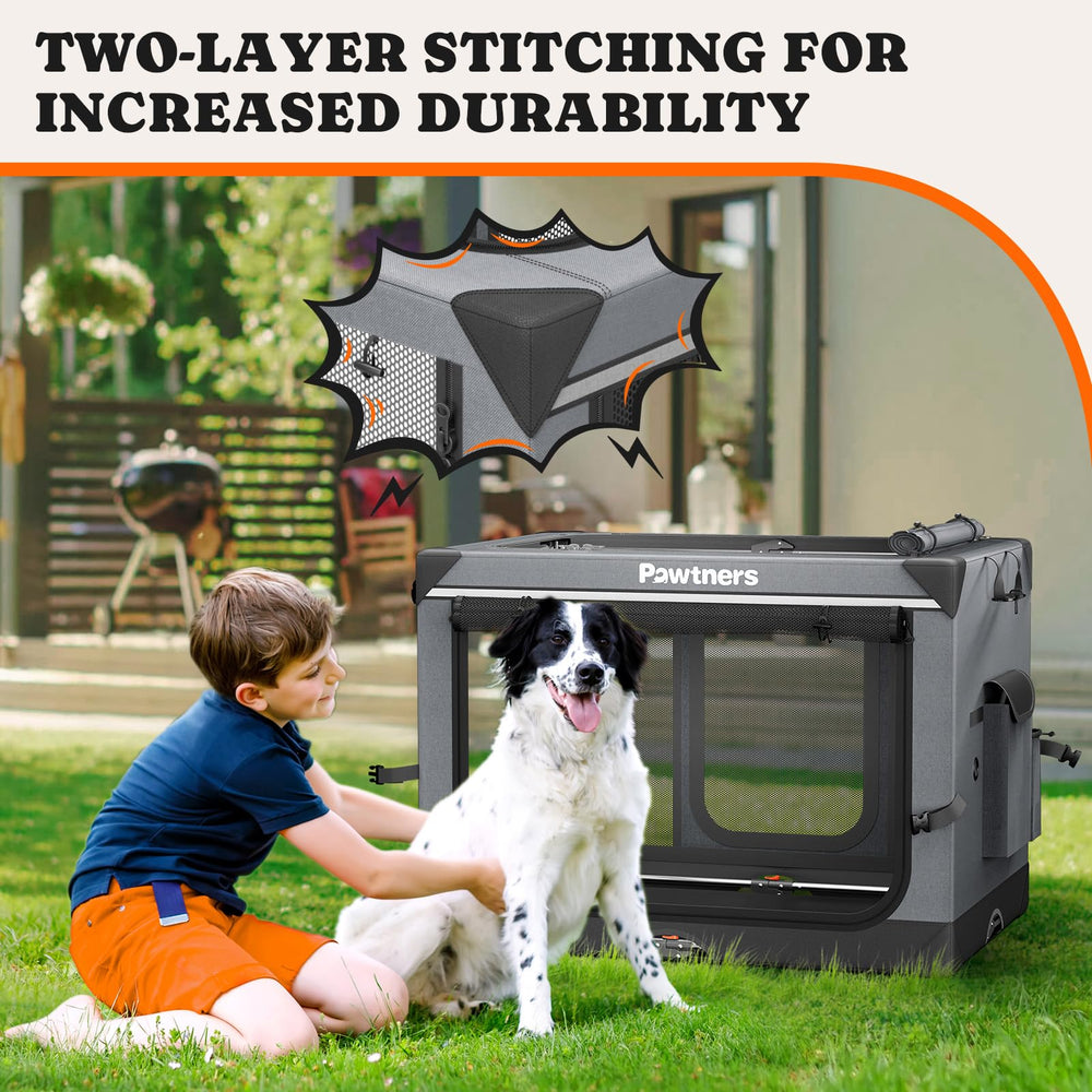 Pawtners collapsible dog crate ventilated mesh close-up highlighting airflow.