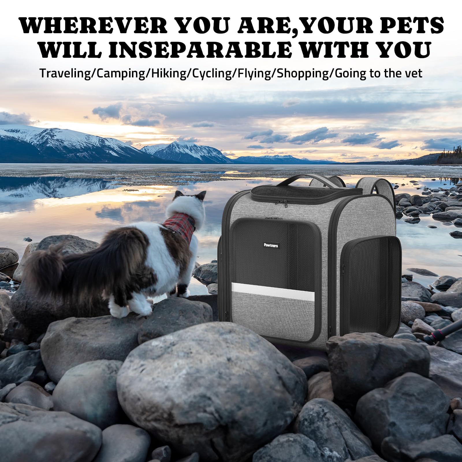 Pawtners dog backpack carrier safety leash inside for added security.