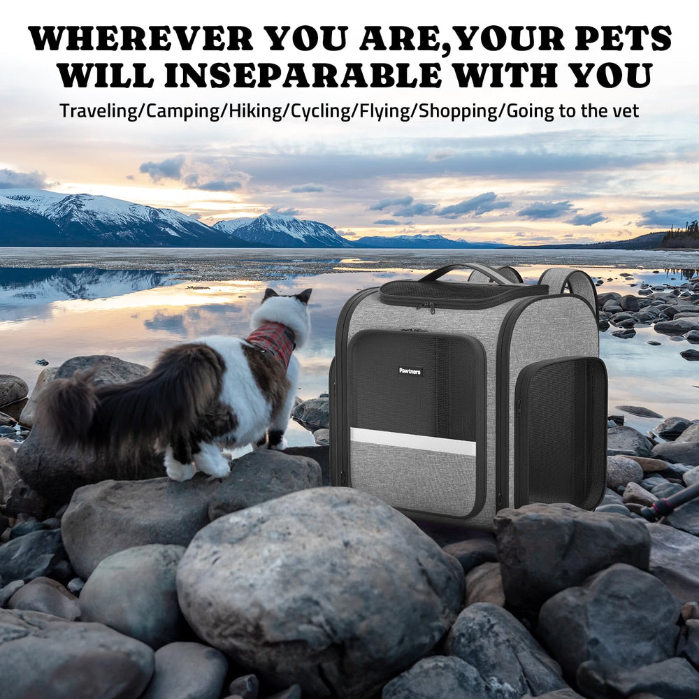 Pawtners dog backpack carrier safety leash inside for added security.