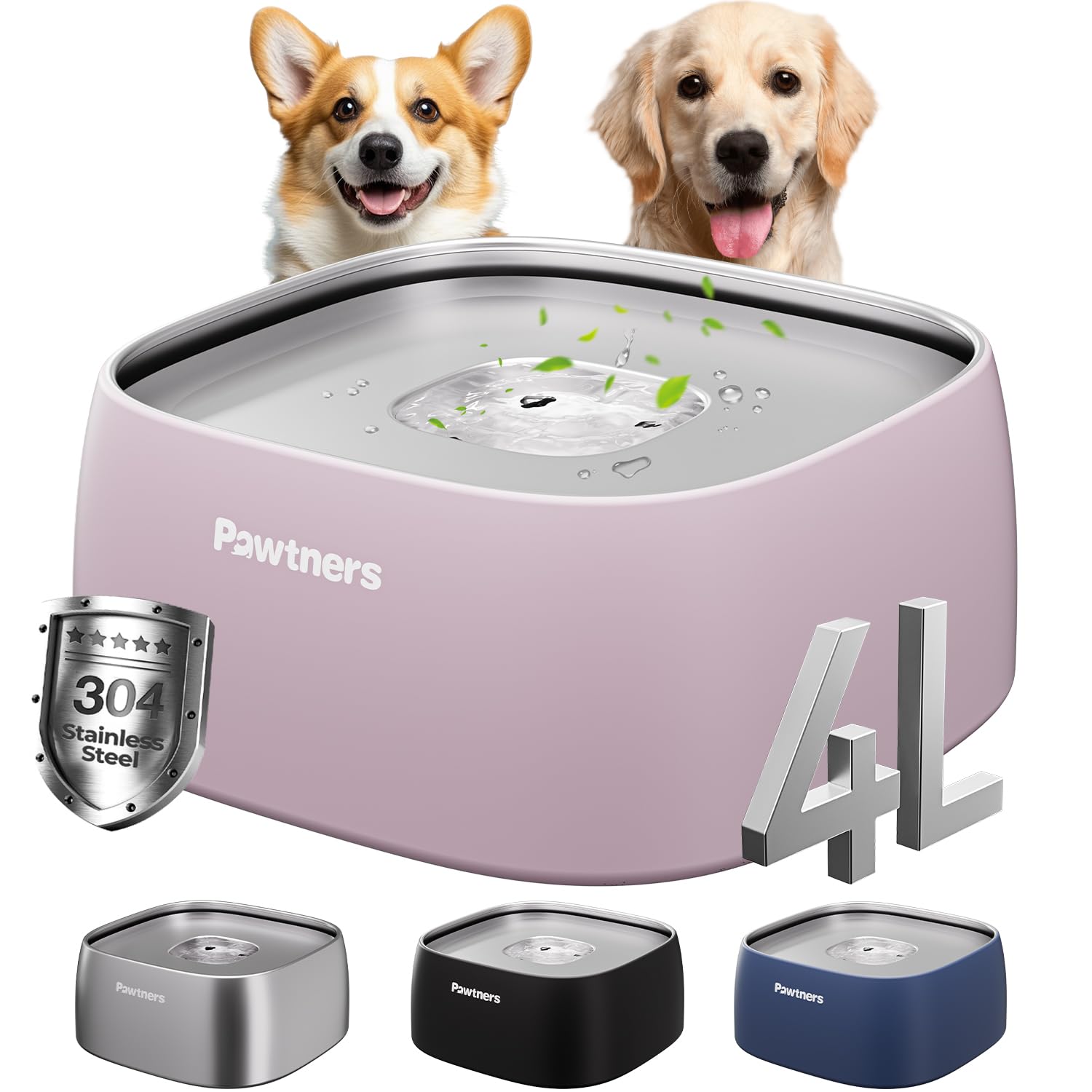 Pawtners dog water bowl no-spill pink; keeps floors dry during busy mealtimes.