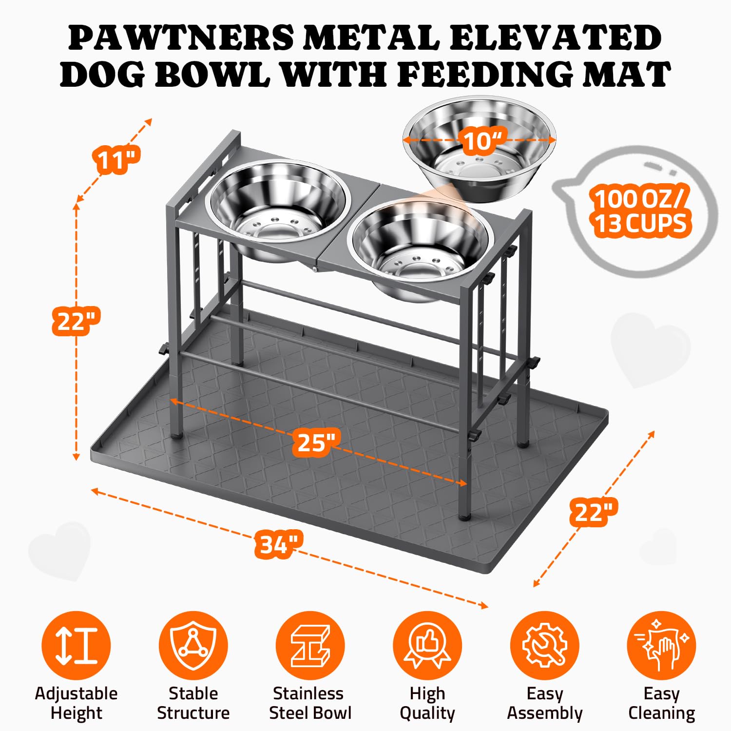 Pawtners elevated stand catches spills with silicone mat for a tidier feeding area.