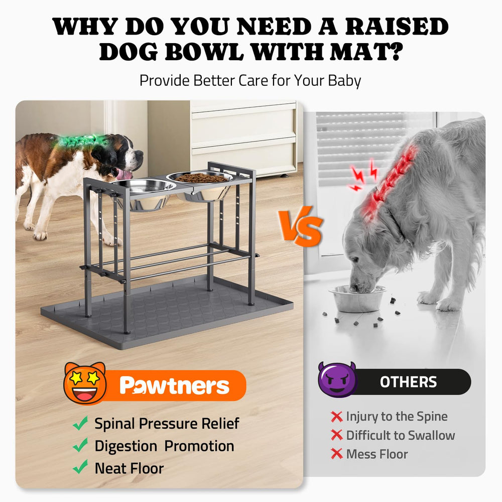 Pawtners metal stand with silicone mat helps keep floors clean during mealtime.