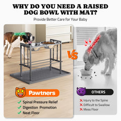 Pawtners metal stand with silicone mat helps keep floors clean during mealtime.