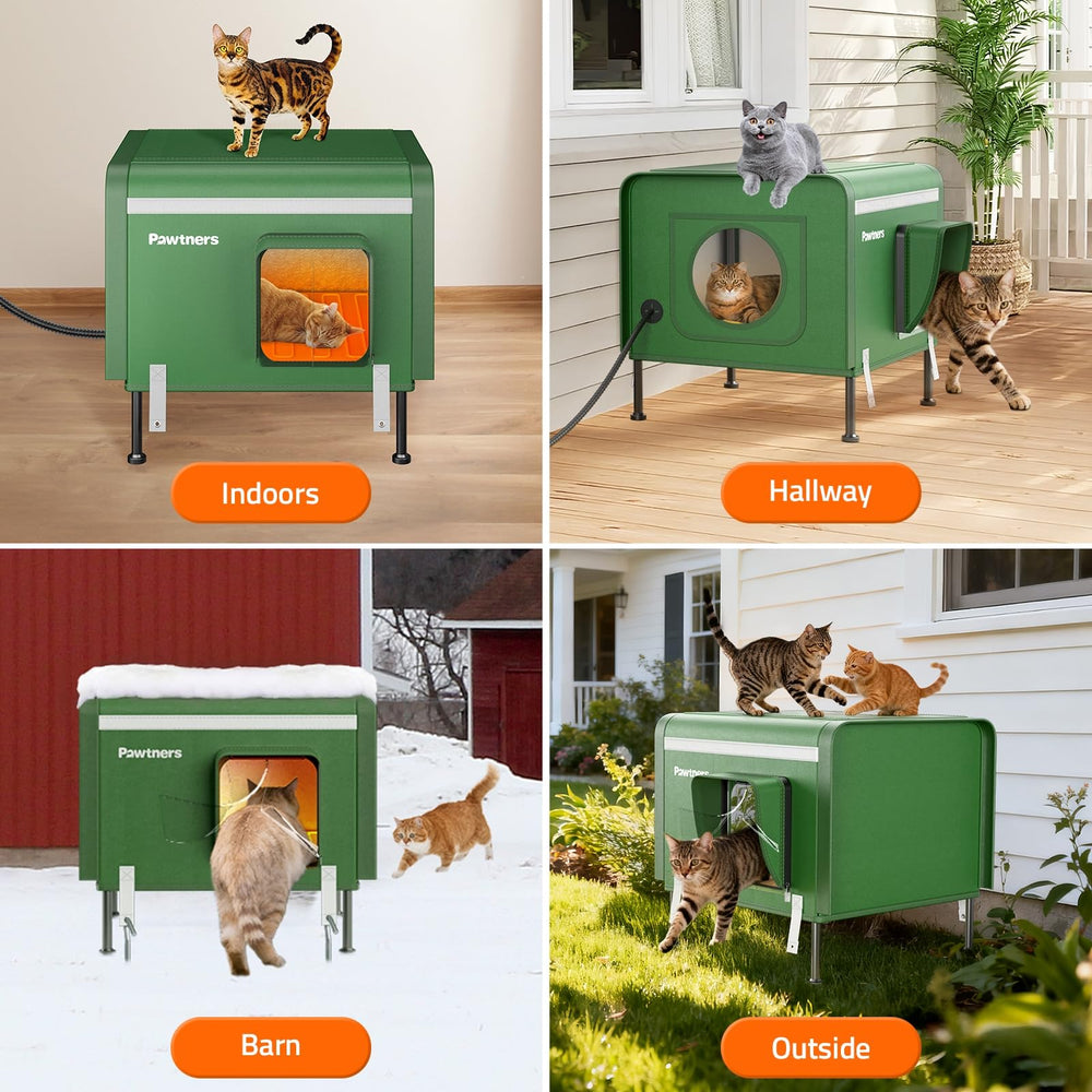 Pawtners feral-cat house in winter use demonstrates ready shelter for stray cats.