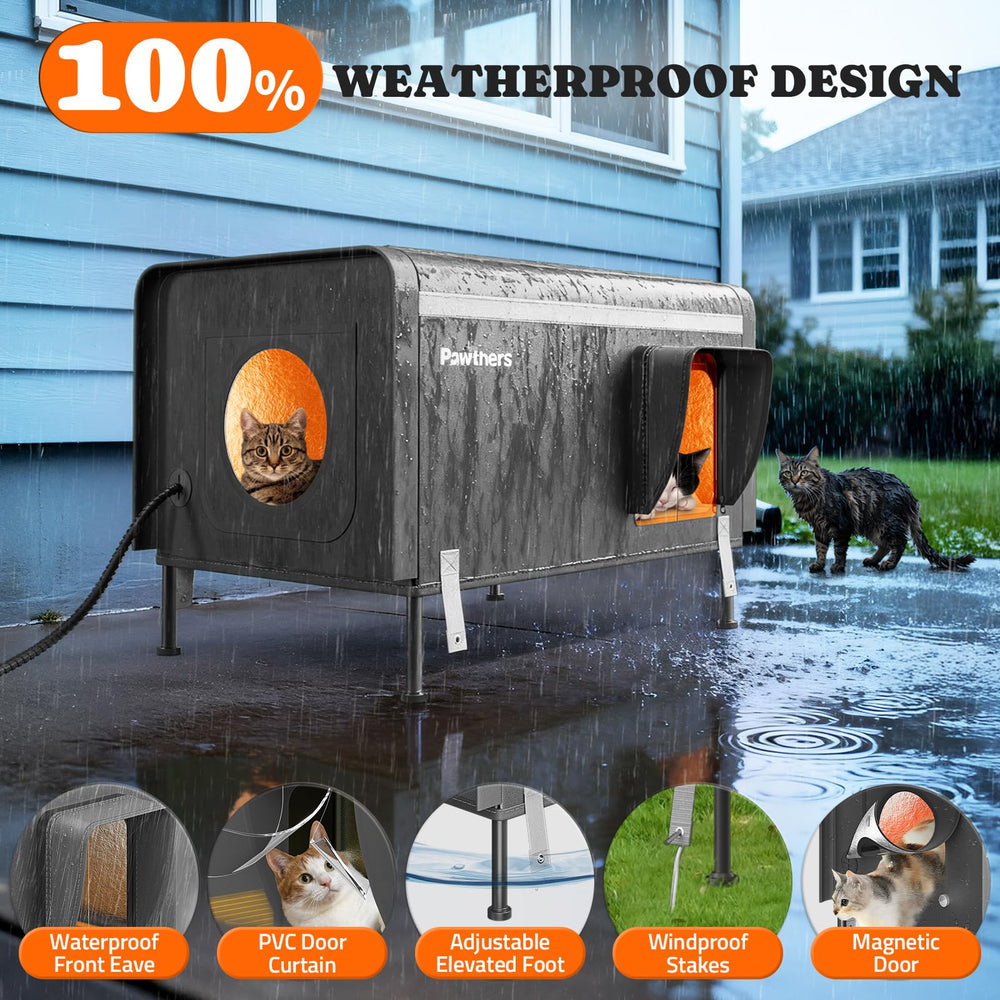 Pawtners heated cat house interior with warm pad provides cozy warmth for outdoor cats.