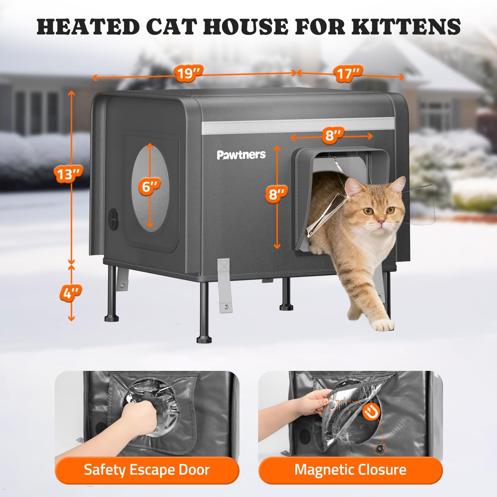 Pawtners heated outdoor cat house elevated feet demonstrate moisture avoidance and stable placement