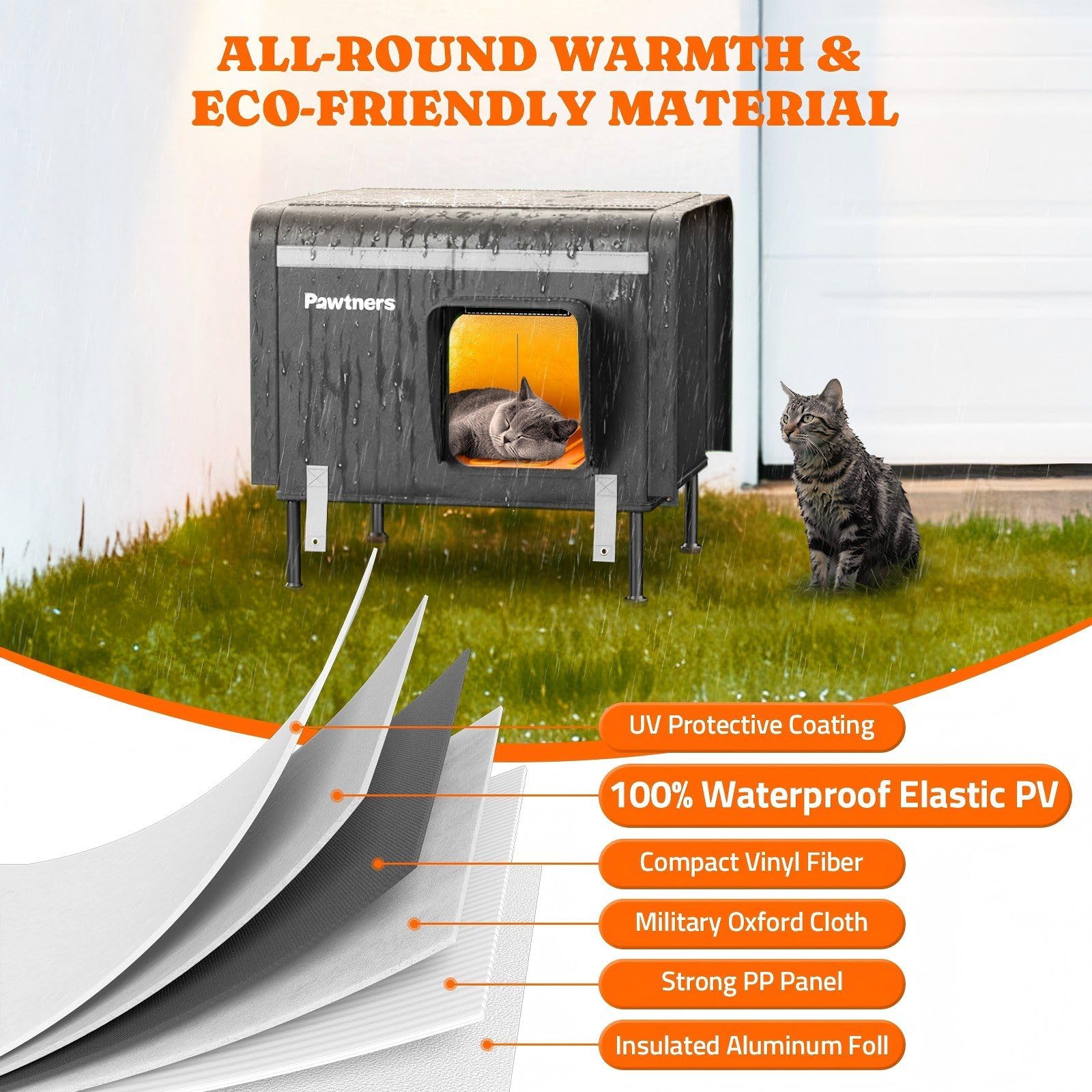 Pawtners heated outdoor cat house entrance with escape door for safe, sheltered access
