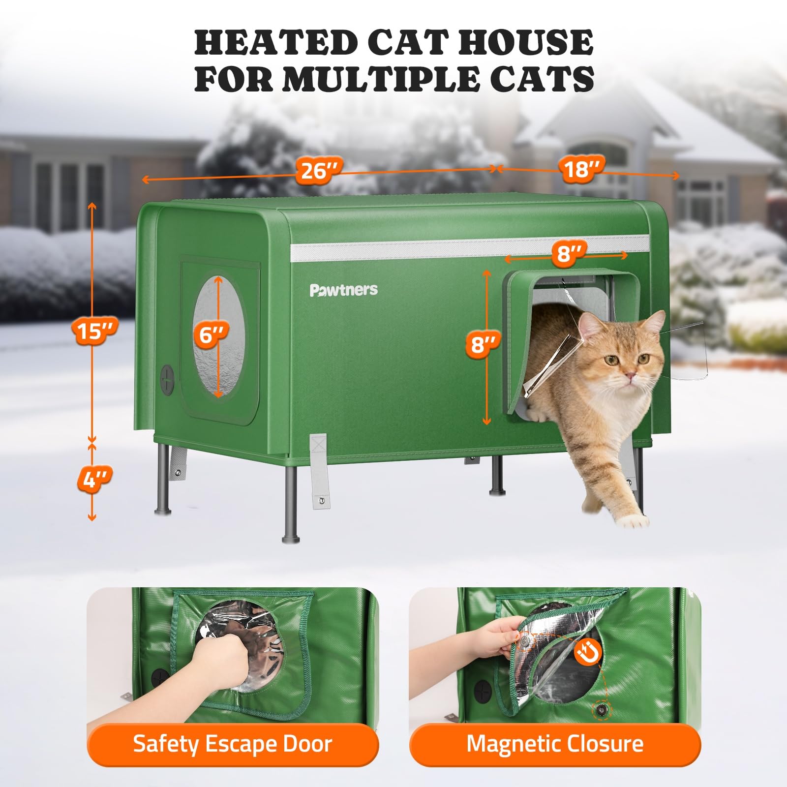 Pawtners heated outdoor cat house escape door detail provides safety and visibility.