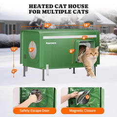 Pawtners heated outdoor cat house escape door detail provides safety and visibility.