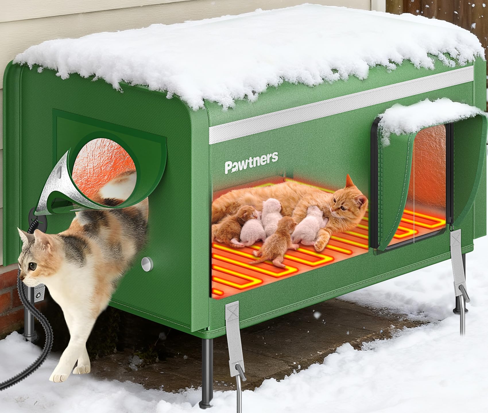 Pawtners heated outdoor cat house exterior view shows weatherproof shelter for outdoor cats.
