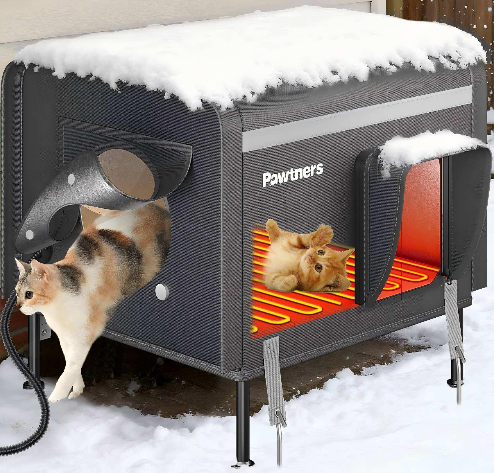 Pawtners heated outdoor cat house front view shows a cozy winter shelter for outdoor cats