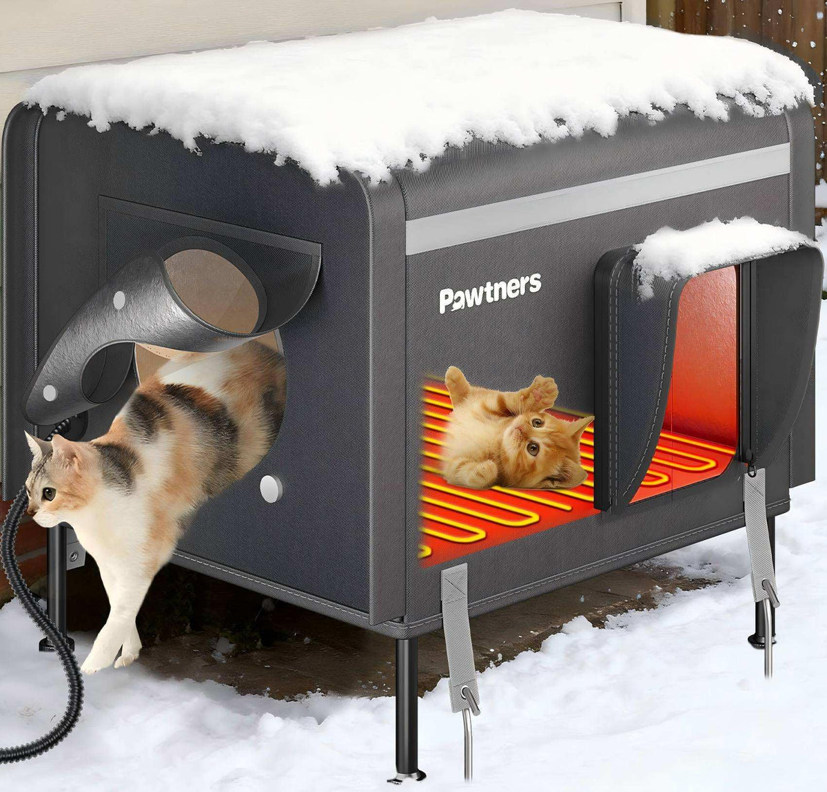Pawtners heated outdoor cat house front view shows a cozy winter shelter for outdoor cats
