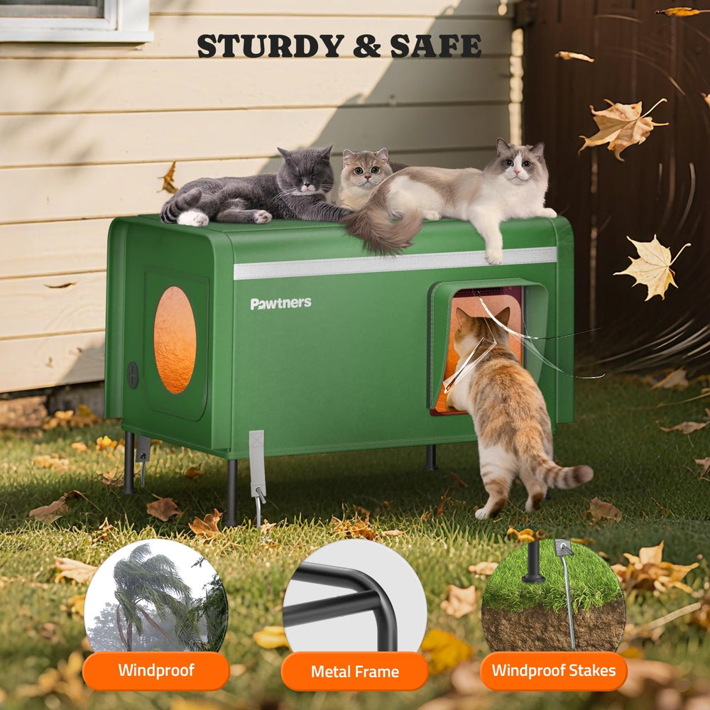 Pawtners heated outdoor cat house ground spikes illustrate secure anchoring on snow or mud.
