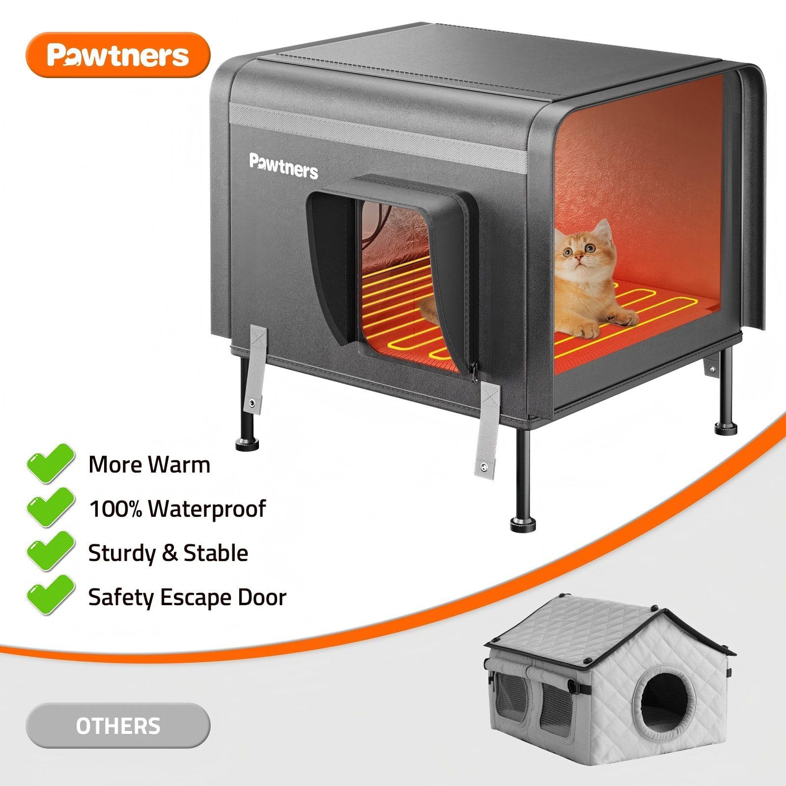 Pawtners heated outdoor cat house metal frame conveys rugged windproof stability