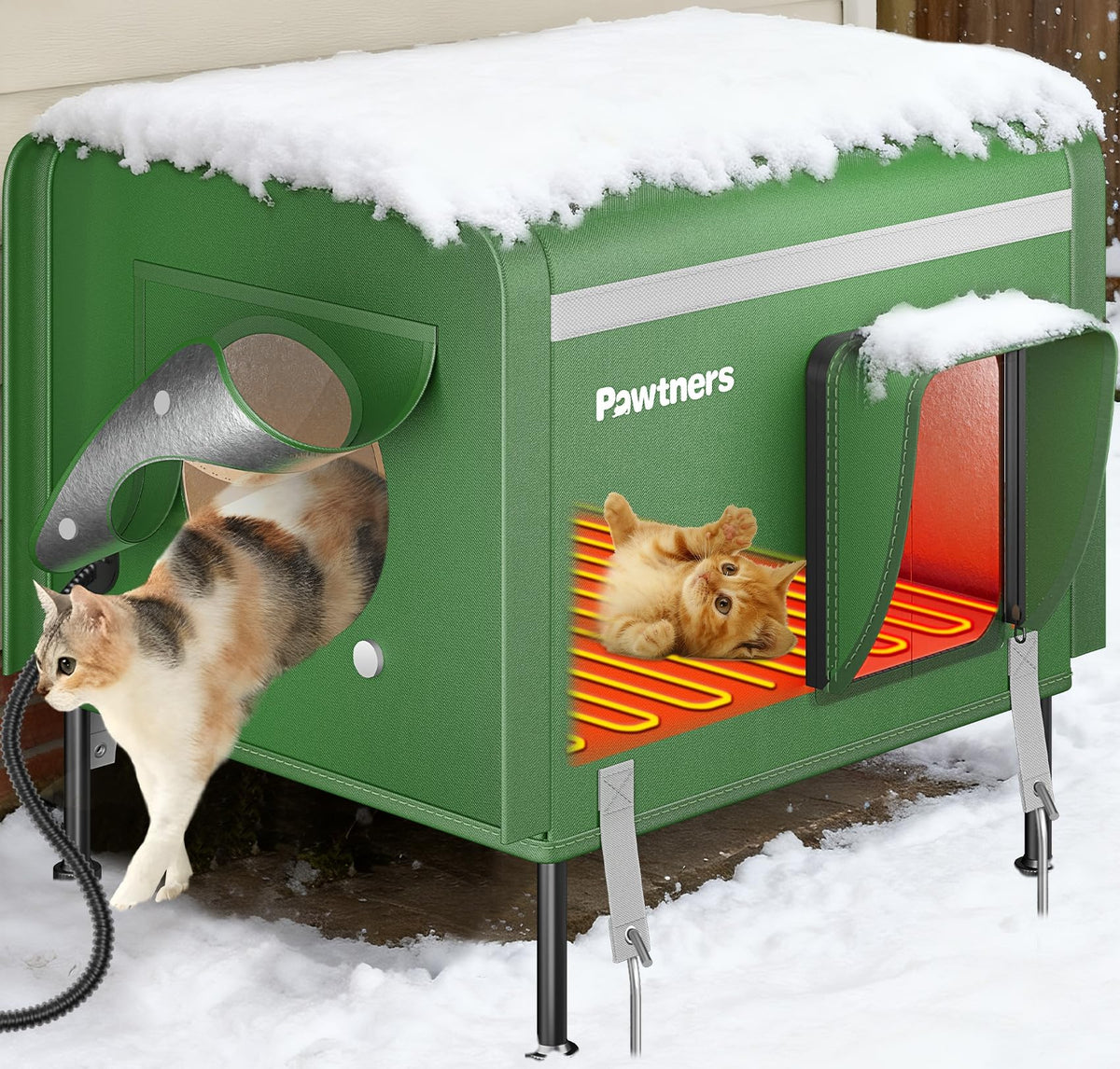 Pawtners heated outdoor cat house outer view shows weatherproof shelter for winter.