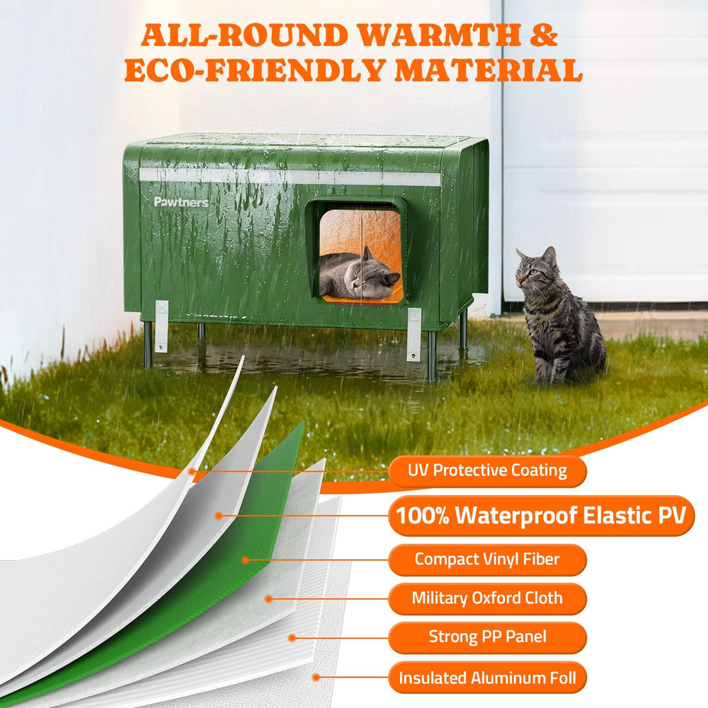 Pawtners heated outdoor cat house waterproof cover demonstrates rain and snow protection.