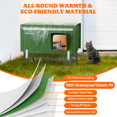 Pawtners heated outdoor cat house waterproof cover demonstrates rain and snow protection.
