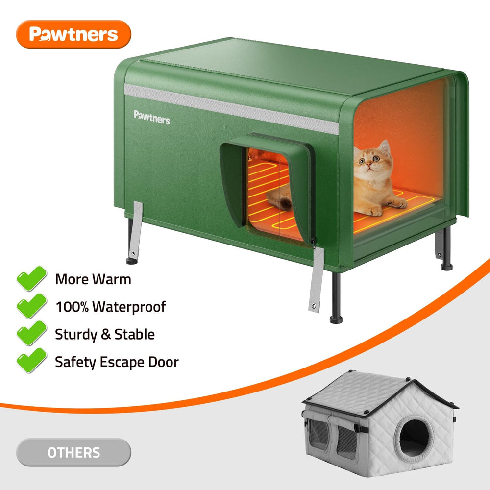 Pawtners heated outdoor cat house windproof frame emphasizes sturdy winter protection.