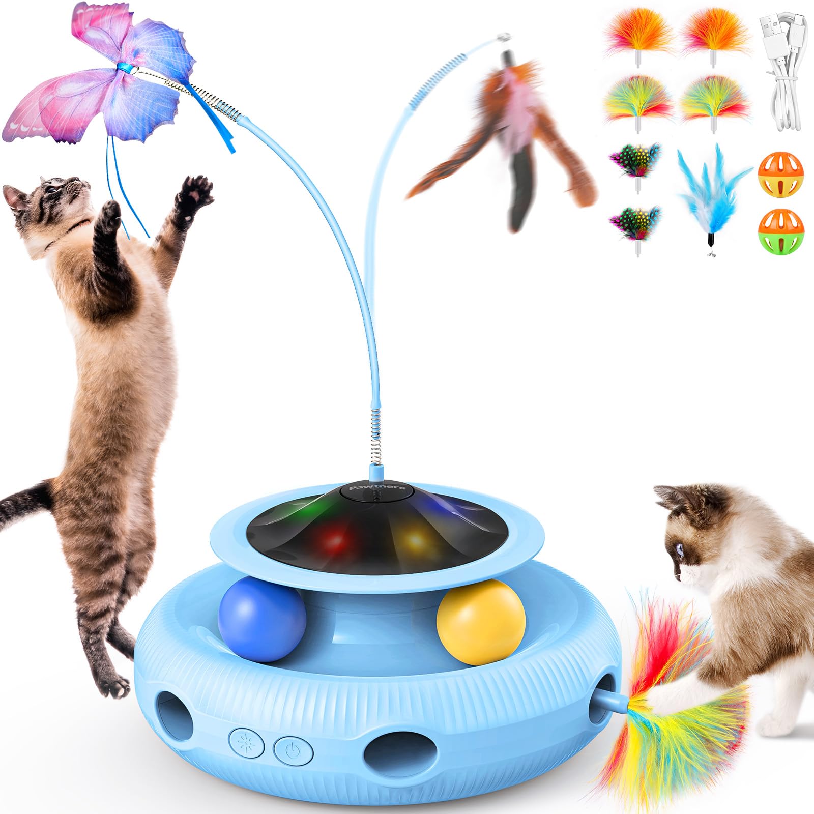 Pawtners Interactive Cat Toy butterfly spins 360° for solo play and hunting-like engagement.