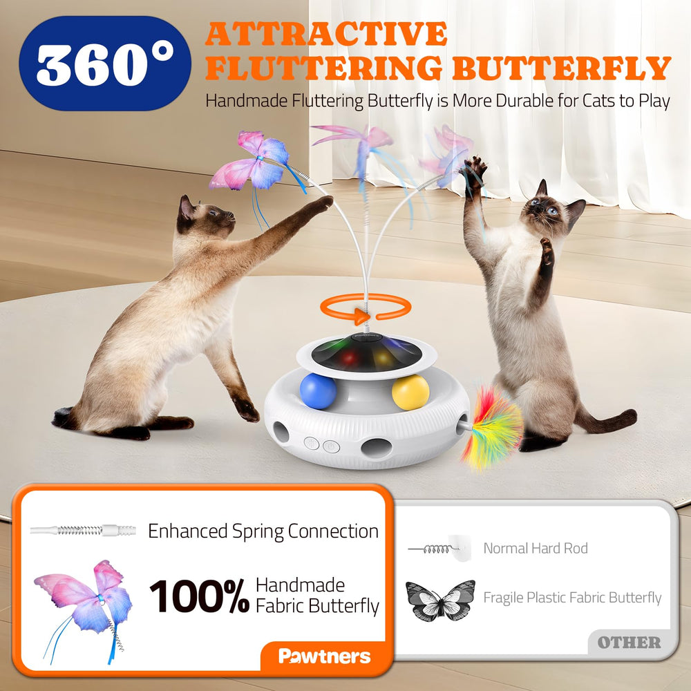 Pawtners interactive cat toy ambush feather, with randomized launches for reactive play.
