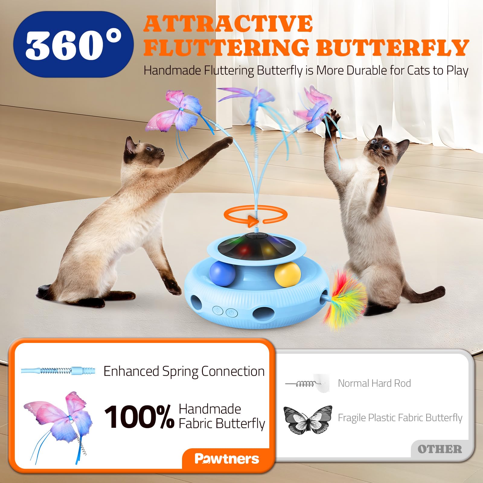 Pawtners Interactive Cat Toy feather wand moves unpredictably for dynamic play.