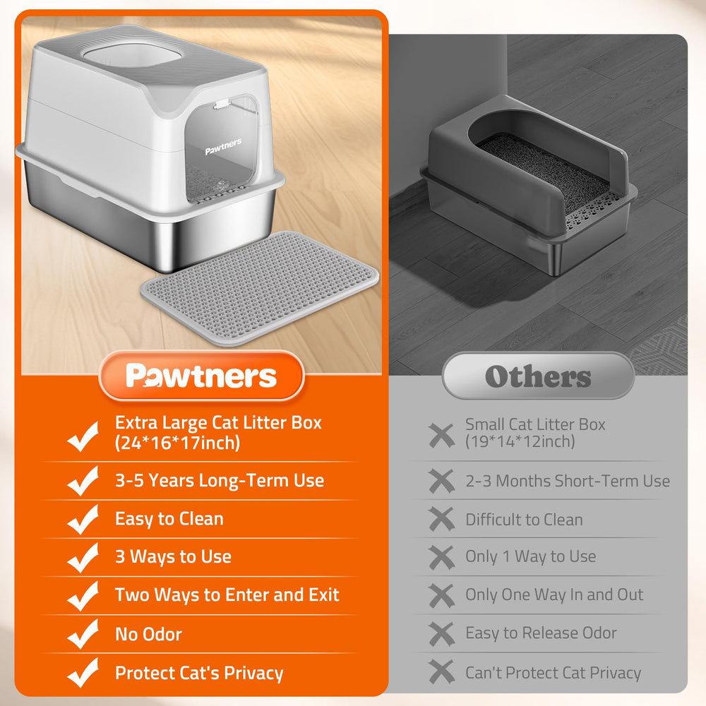 Pawtners litter box with mat and scooper supports easy cleanup.