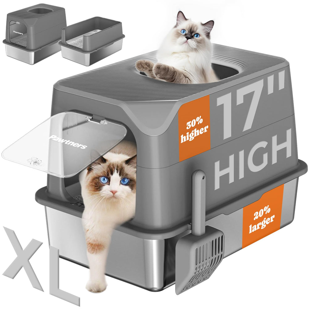 Pawtners stainless steel cat litter box front-entry design improves privacy