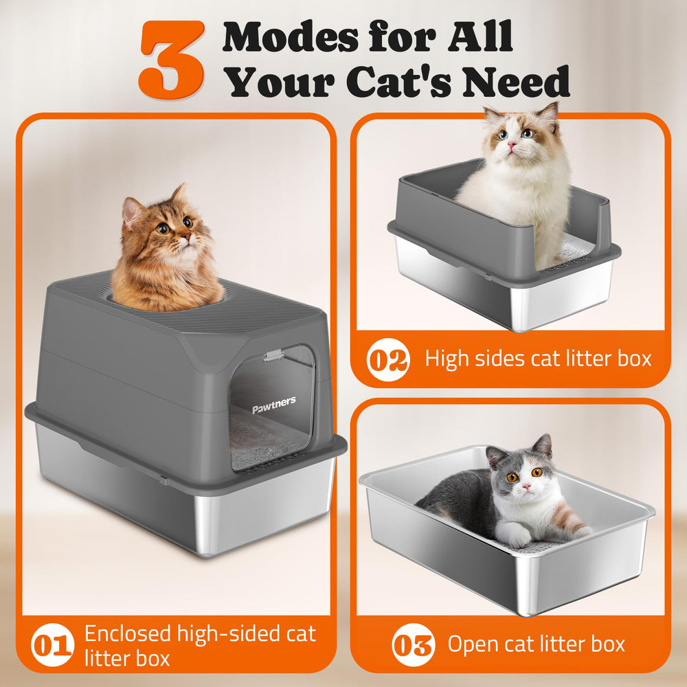 Pawtners stainless steel litter box hooded top exit for mess containment