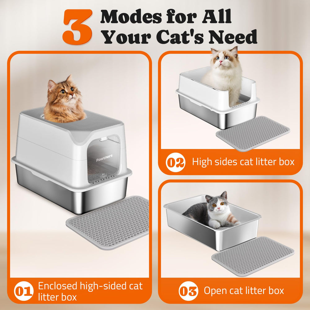 Pawtners stainless steel litter box enclosed design provides privacy and odor control.