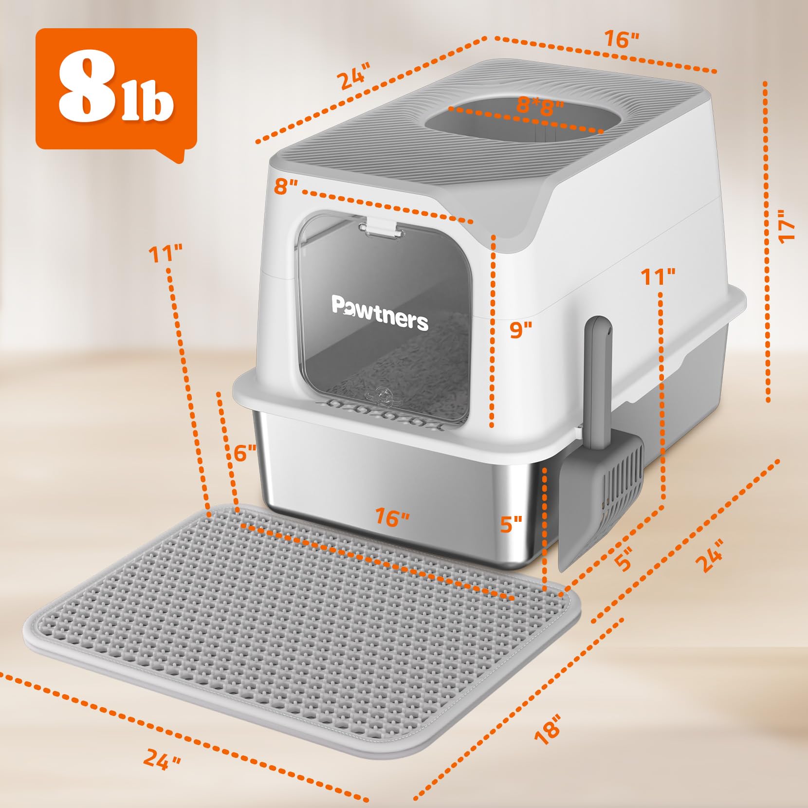 Pawtners stainless steel litter box high sides keep litter contained.
