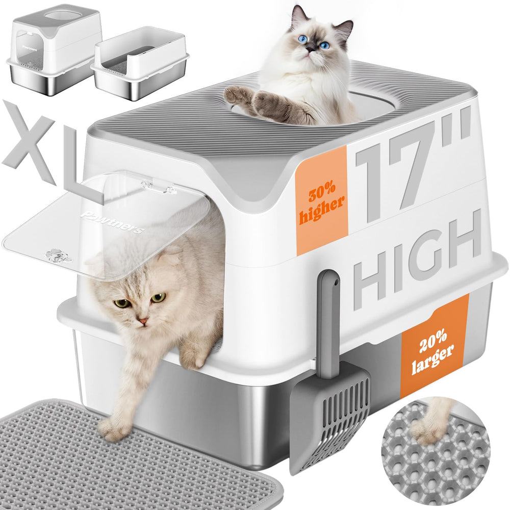 Pawtners stainless steel litter box top-entry design reduces mess and odor.