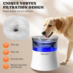 Pawtners fountain splash-proof design keeps floors dry while pets drink.