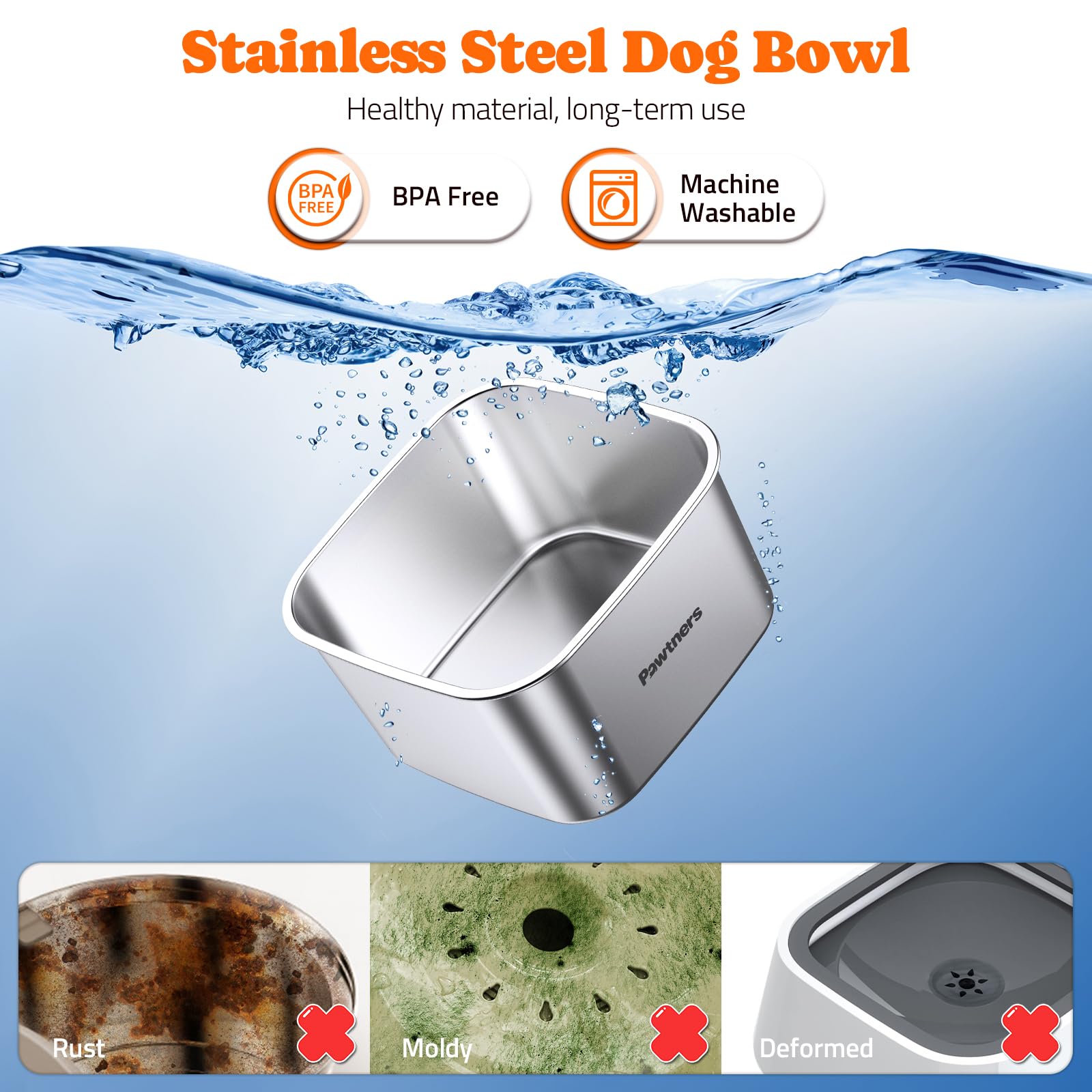 Pawtners wide splash-proof strip keeps water level steady during use.
