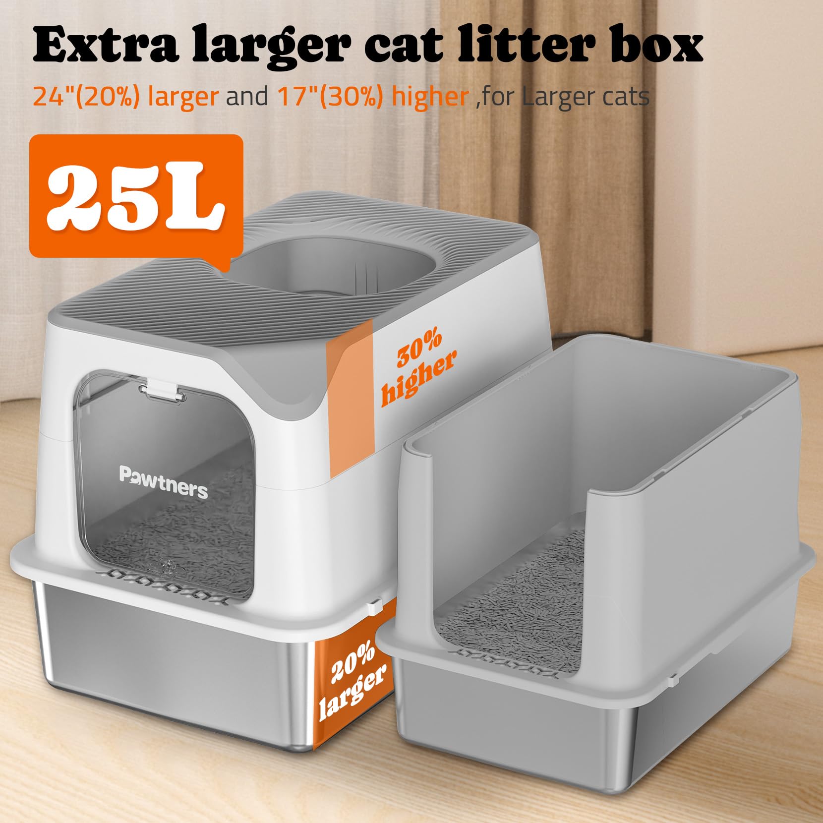 Pawtners xl cat litter box dimensions 23.8L x 16.1W x 16.7H for roomy comfort.