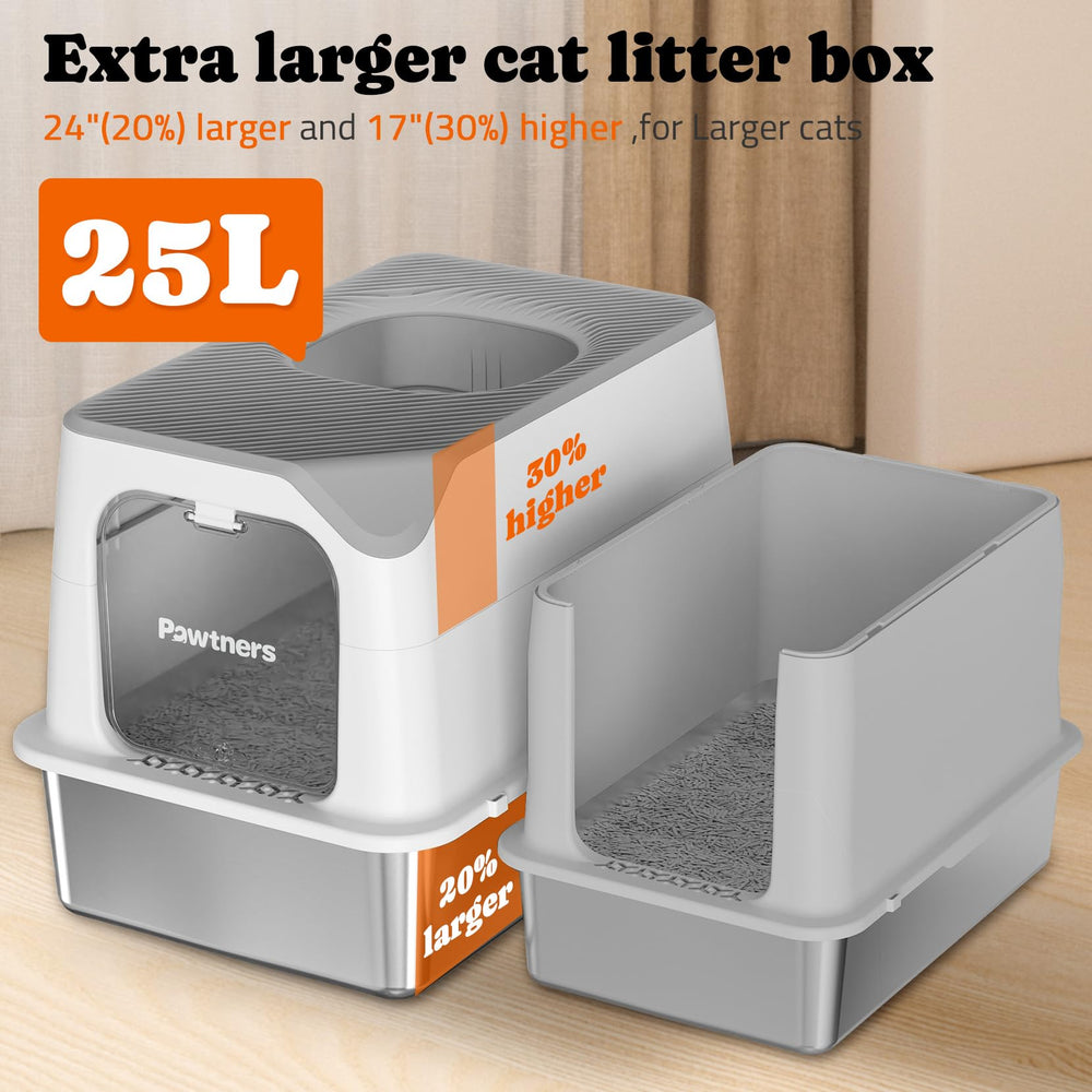 Pawtners xl cat litter box dimensions 23.8L x 16.1W x 16.7H for roomy comfort.