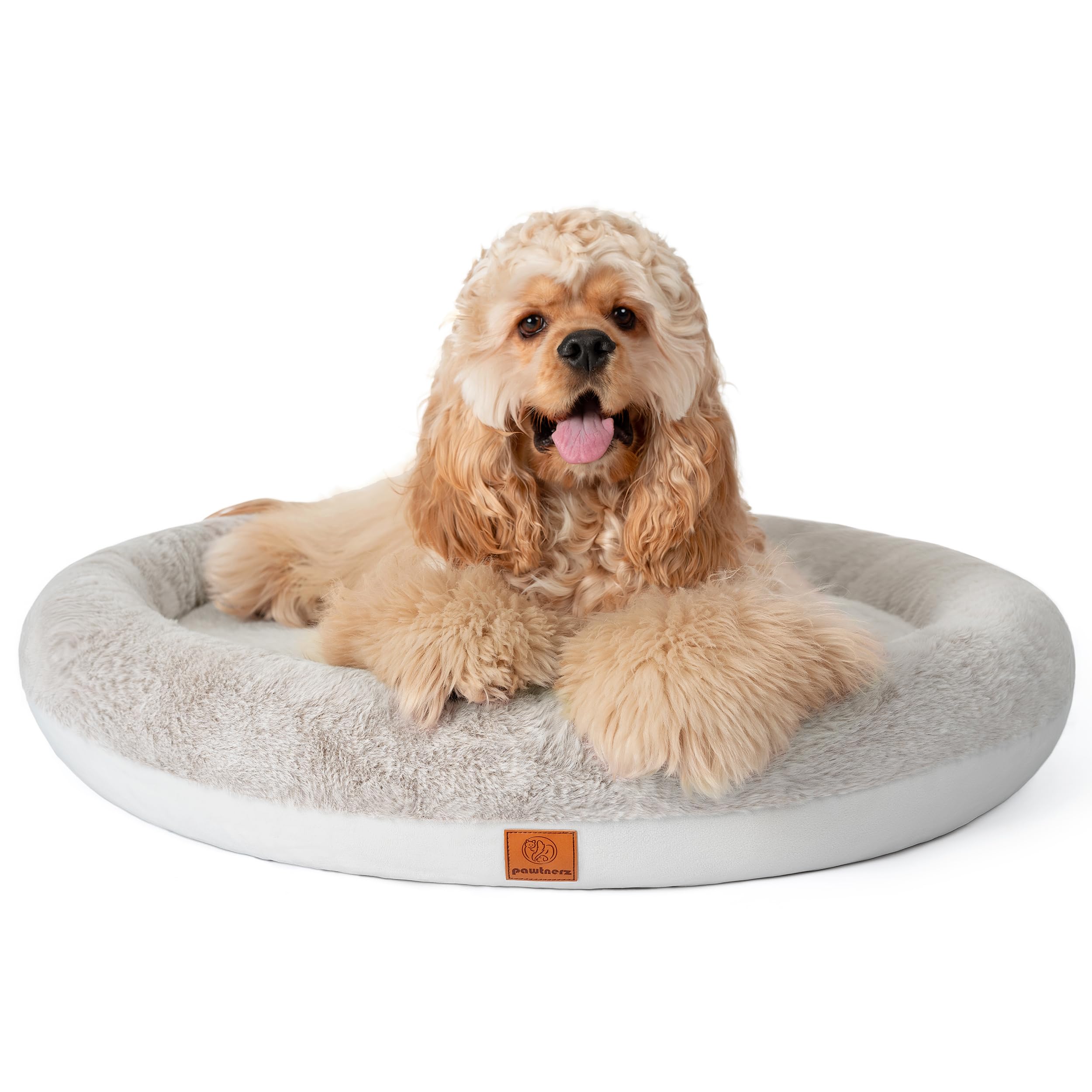 Pawtnerz Round Donut Dog Bed with memory foam for joints and comfort.