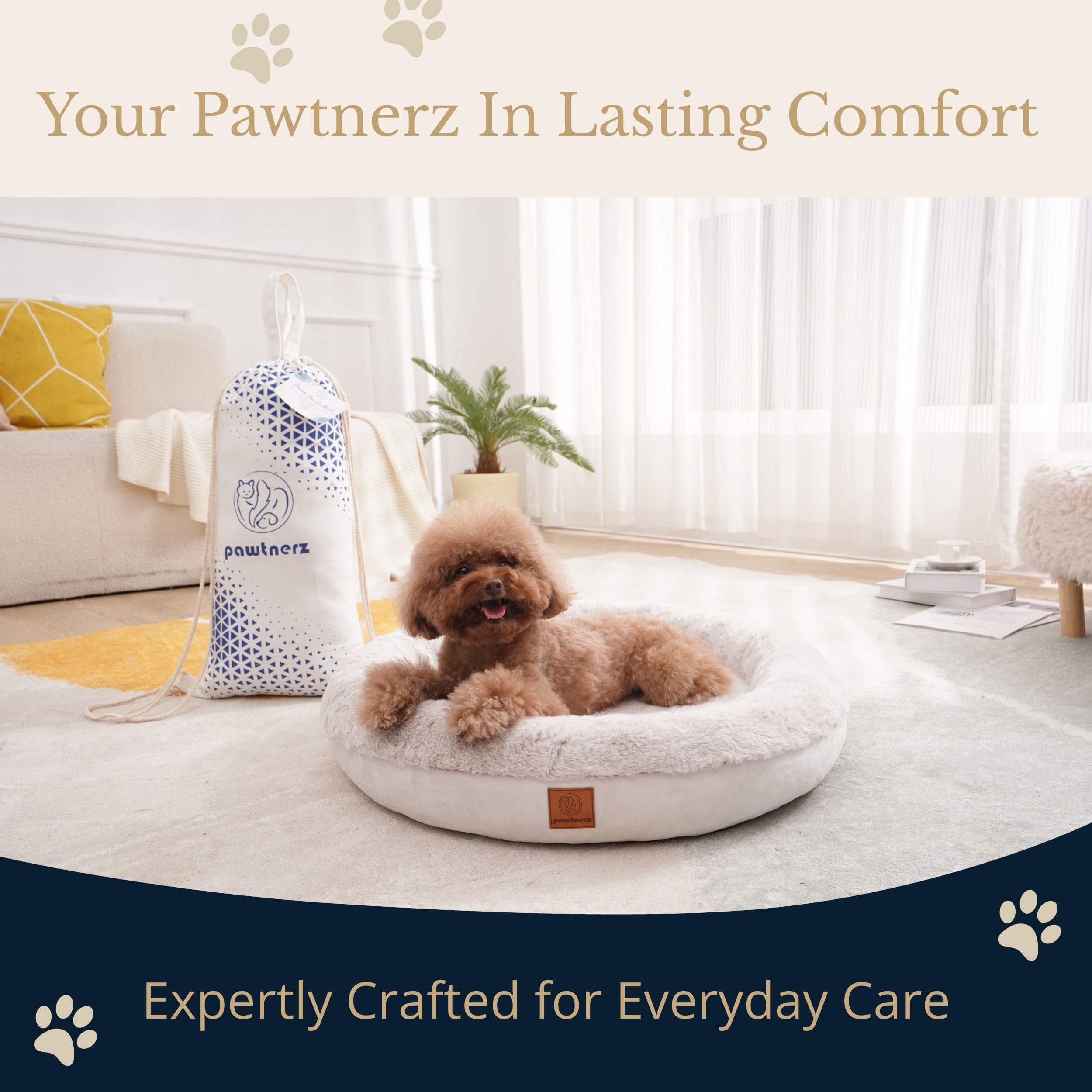 Pawtnerz donut bed showing 360-degree bolster for neck support.