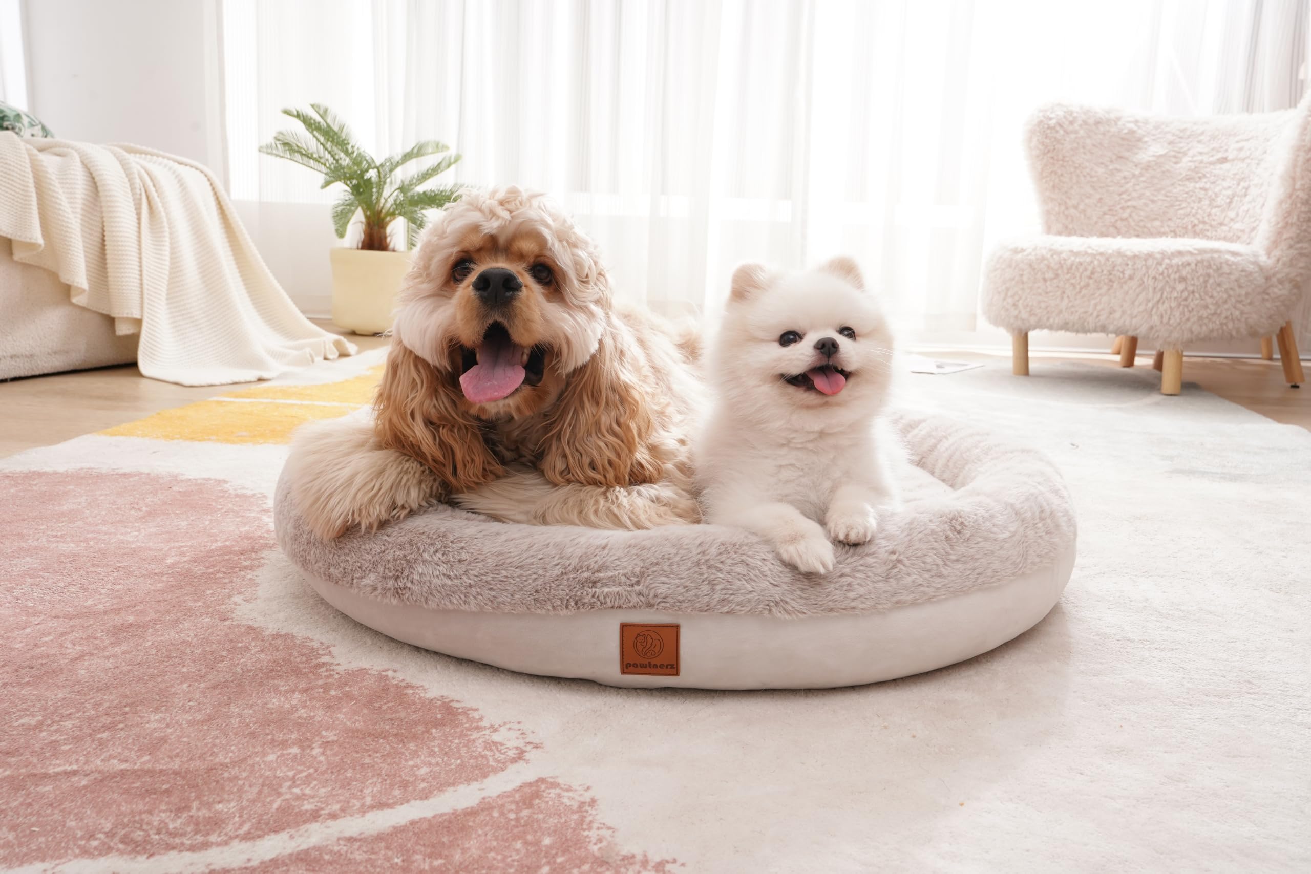 Elegant round dog bed fit for living rooms and cat lounges.
