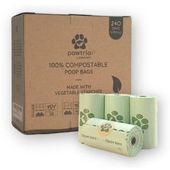 Pawtopia Pawtria 240 bags pack shown for eco-friendly, home-compostable dog waste cleanup.