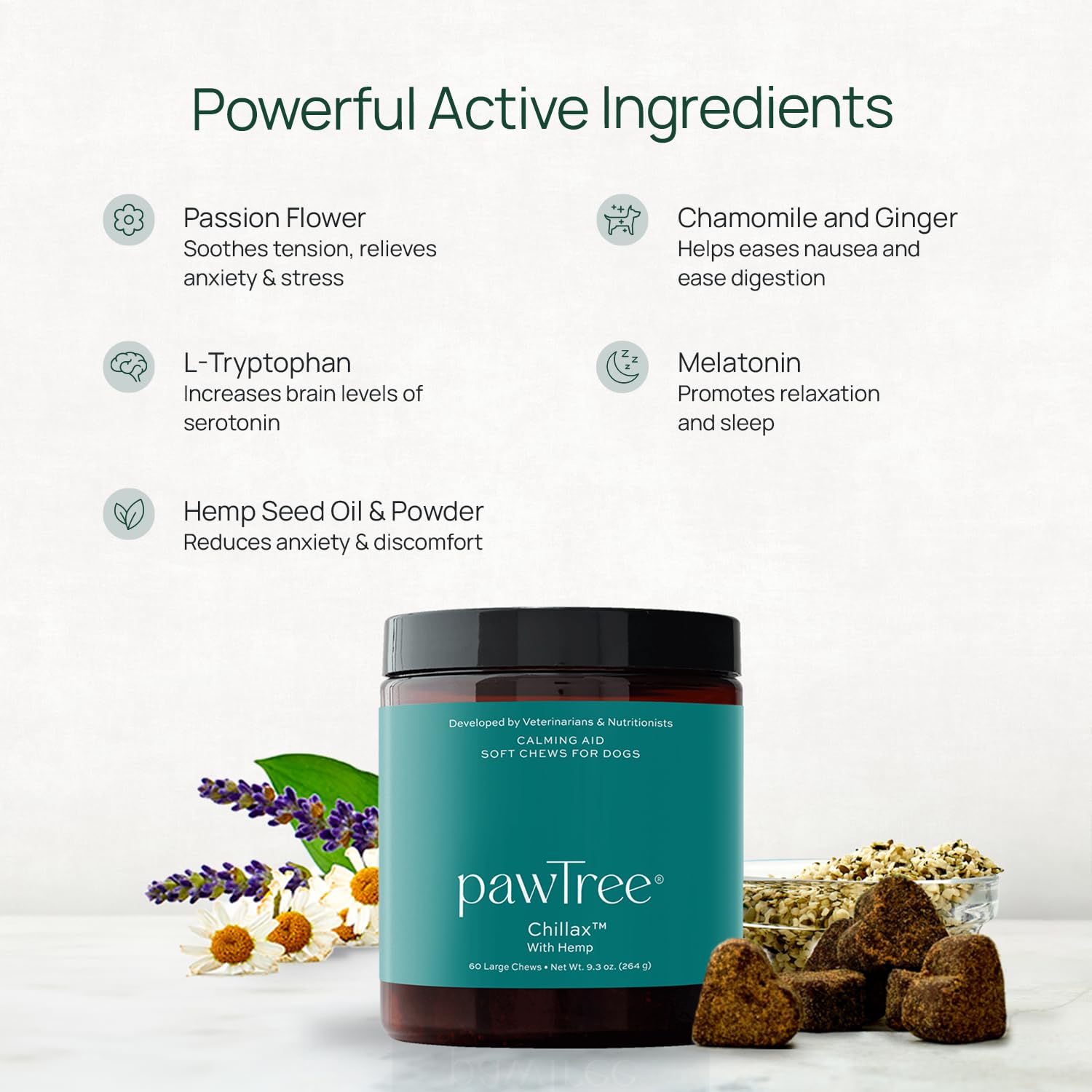pawTree Chillax ingredients harmony image highlights hemp seed oil and botanicals for natural calming.