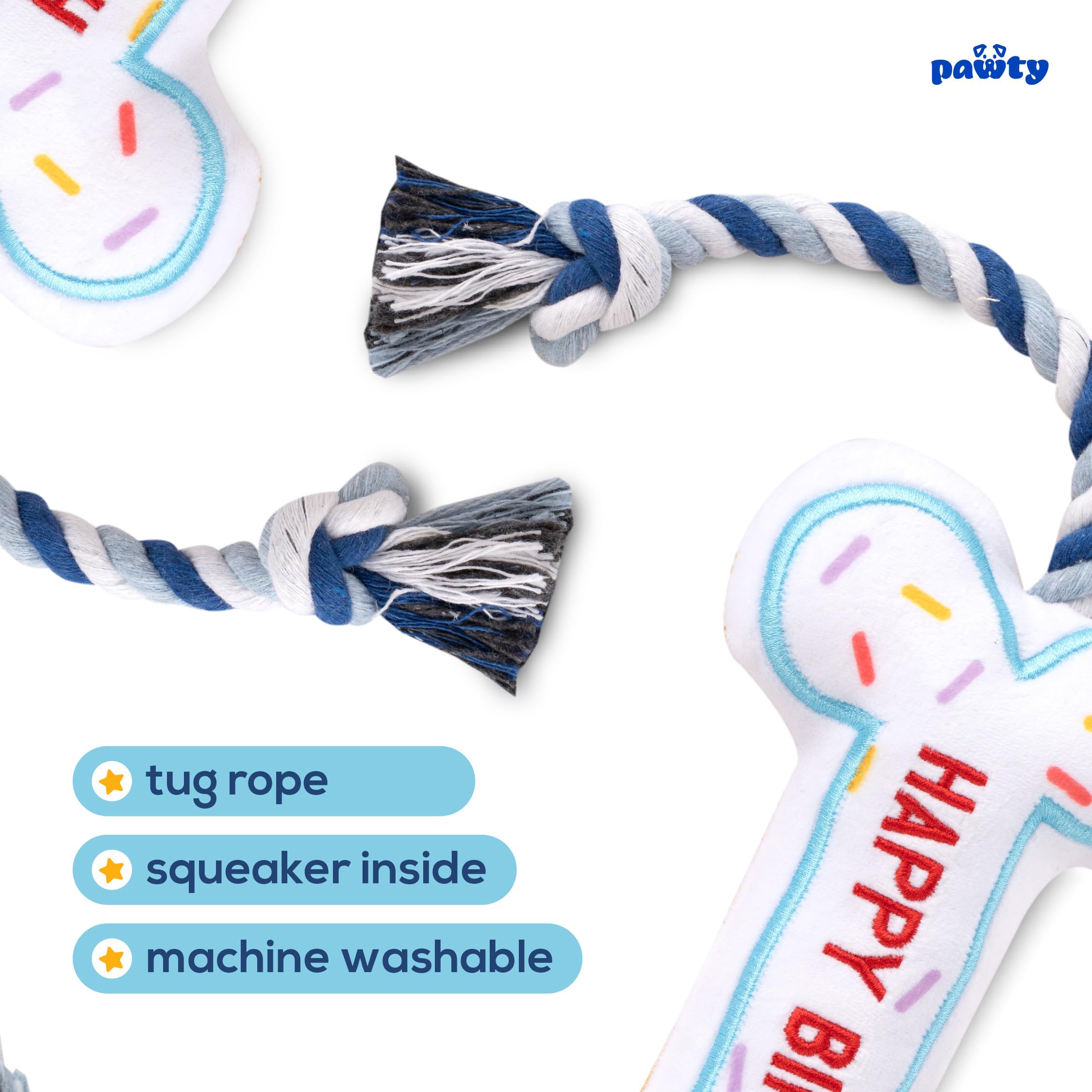 Pawty Birthday Bone toy close-up tug-rope demonstrates durable multi-use design