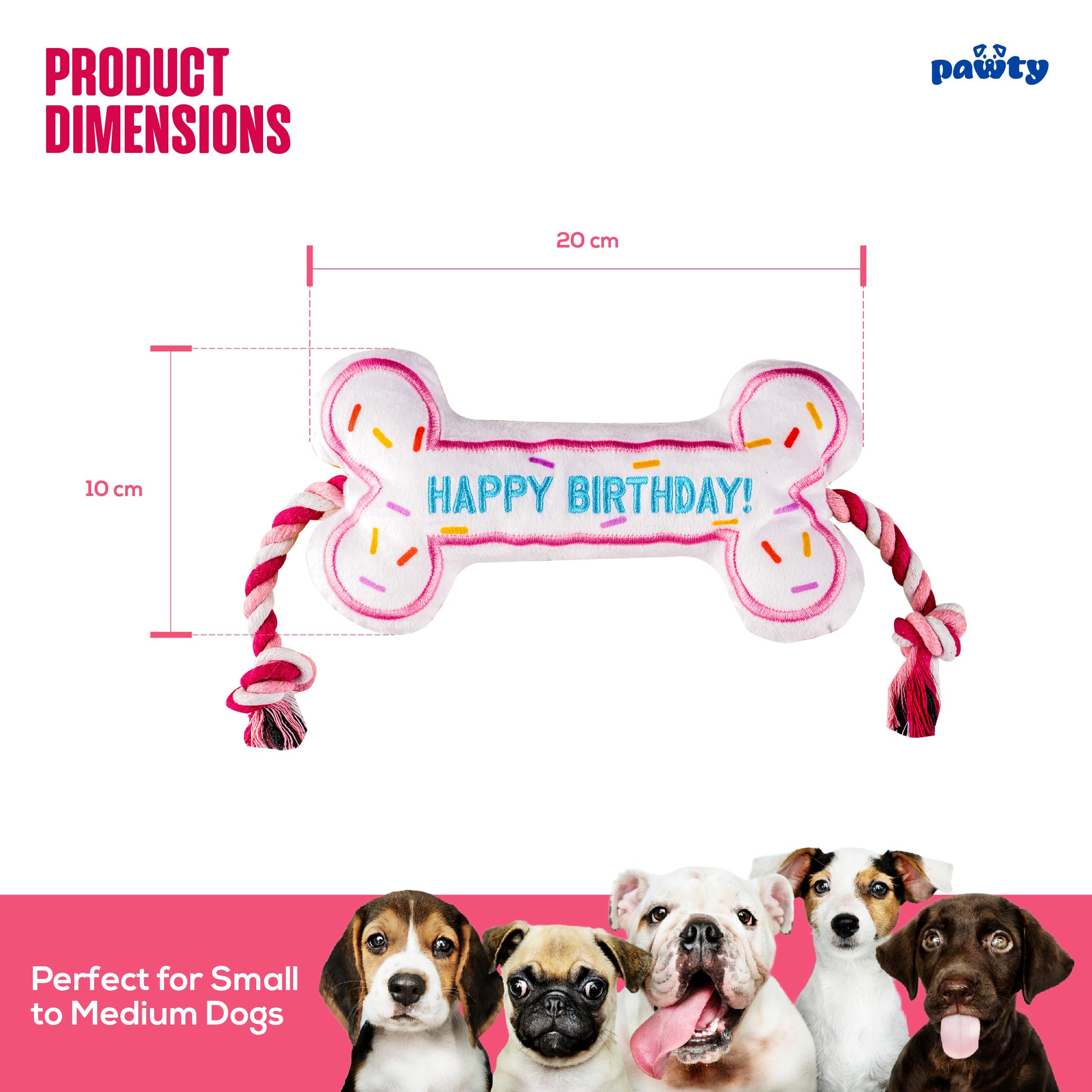 Pawty Dog Toys Birthday Bone Toy plush soft material for teething play.