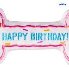 Pawty Dog Toys Birthday Bone Toy plush texture gentle on gums.
