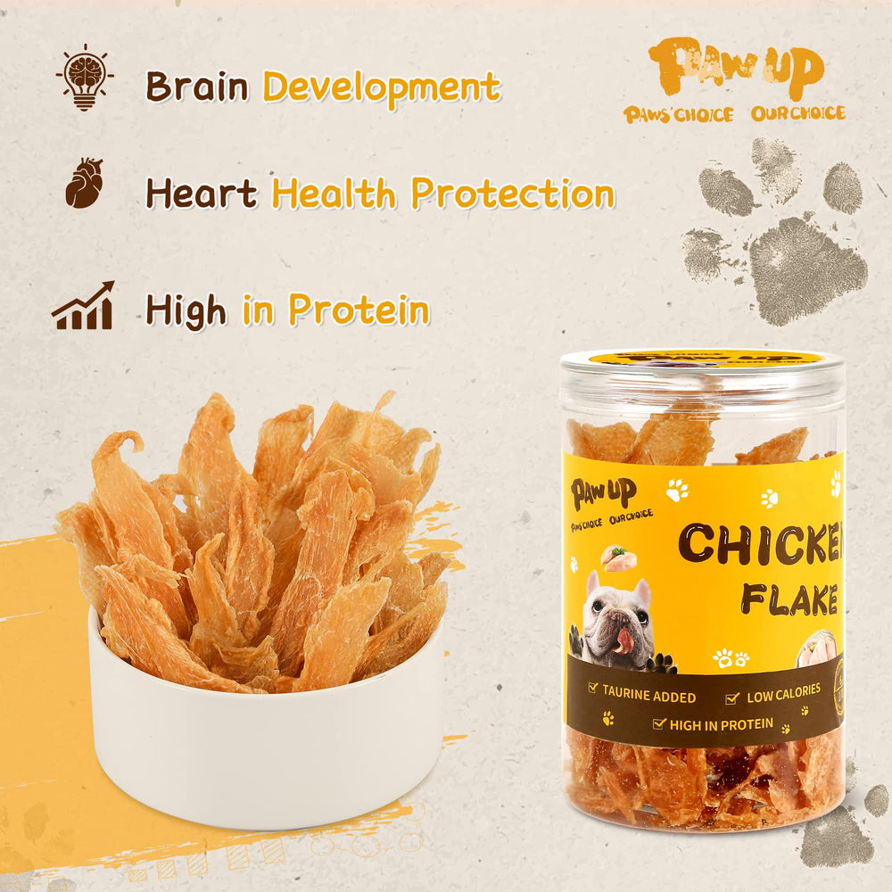 PAWUP Chicken Jerky Crisp Flakes can open showing ready-to-use training bites