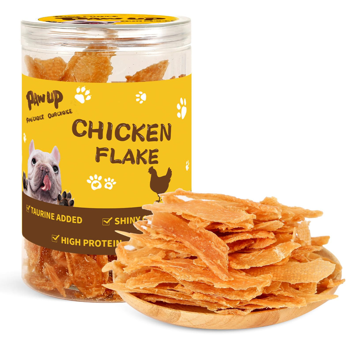 PAWUP Chicken Jerky Crisp Flakes packaging with resealable can for freshness
