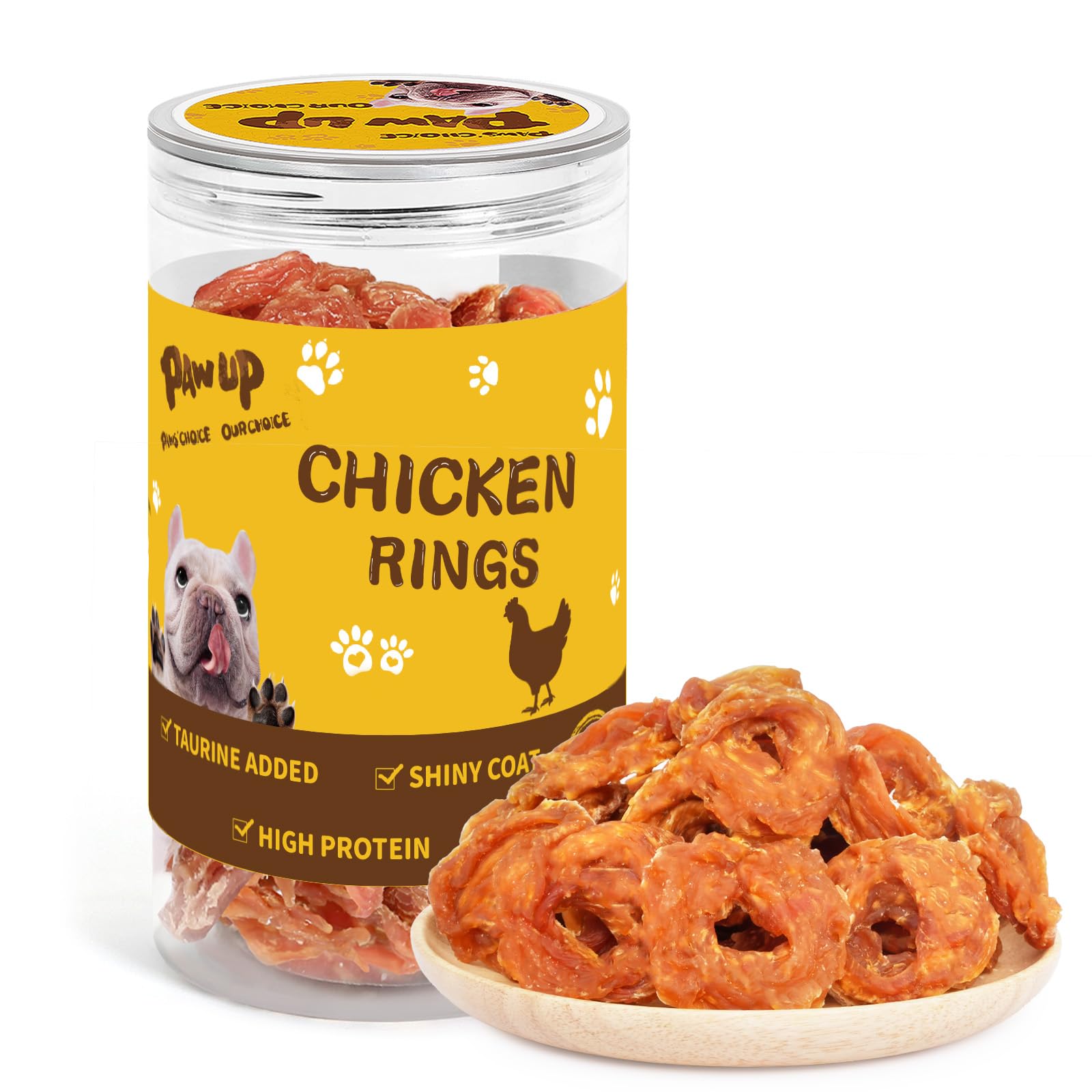 PAWUP Chicken Rings dog treats package; soft jerky rings for gentle chewing.